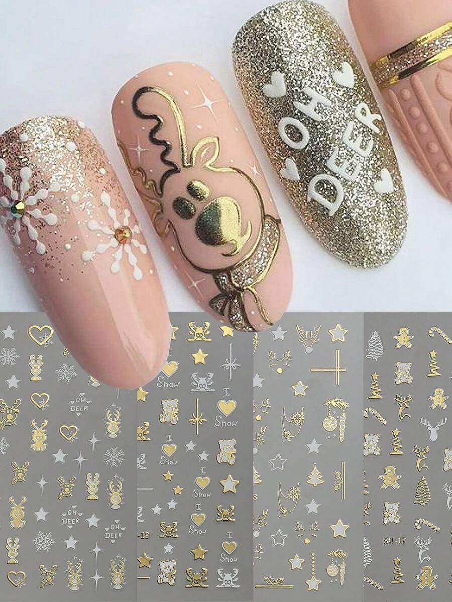 4张3D金色圣诞美甲贴纸，金属金色小鹿、小熊、雪花、星星图案，新年装饰美甲贴片 - 彩色 - 查看 1