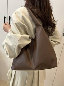 Túi đeo vai thời trang bằng da PU màu trơn dung tích lớn dành cho nữ sử dụng hàng ngày - Cà phê - Xem 5
