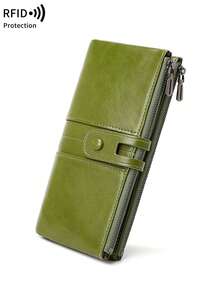 MIYIN RFID Blocking Large Capacity Bifold Women's Wallet, Vintage Zipper Soft Leather Material, Multiple Card Slots & Clear ID Window, Can Hold Credit Cards/ID/Cash/Phone, Quilted Detail Design, Can Be Used As Card Case/Clutch, Suitable For Women's Business & Casual Occasions, Also Suitable For Men, Long Wallet - Green - View 3