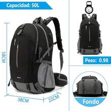 Mochila Senderismo, Mochilas Impermeable de 50L Gran Capacidad, Mochila de Camping para Hombre y Mujer, Mochilas con Múltiples Bolsillos para Montañismo, Escalada, Viaje al Aire Libre - Negro - Ver 5