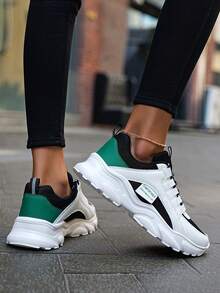 ​Women's White Black Green Chunky Sole Sneakers - Breathable Mesh Upper With Raw Hem Denim For Street Style Comfort, Year-Round Shoes For Women​ - Nhiều màu - Xem 4