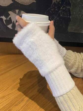 2 Pairs Women's Fingerless Knitted Plush Gloves, Warm Winter Gloves Faux Fur Mittens Versatile Cute Office Cycling Windproof Fingerless Gloves