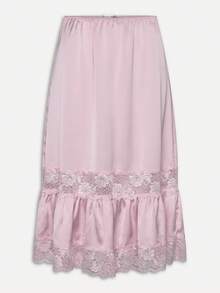 Women's Y2k Flower Embroidery Lace Slip Midi Skirt Fashionable Casual Solid Color Elastic Waist Low Rise A Line Maxi Skirt Ruffle Hem Flowy Long Skirt Pajamas Skirts Loungewear - 粉色 - 查看 7
