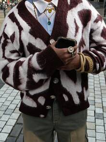 Men's Casual Loose Retro Street Style Colorblock Soft Fuzzy V-Neck Button-Up Cardigan Sweater, Autumn/Winter