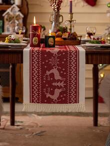 1 pieza Camino de mesa de tela rojo navideño, con flecos de borlas, diseño de estilo nórdico con estampado de ciervos, adecuado para mesa de comedor, sala de estar, decoración del hogar, regalo festivo y decoración de fiesta, disponible en varios tamaños - Rojo - Ver 9
