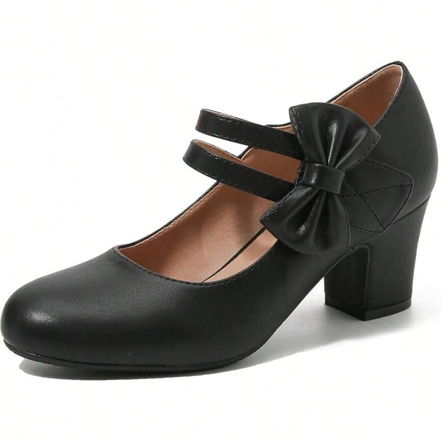 Enelauge Women's Mary Jane Heels With Bow Retro Closed Round Toe Pumps Sweet Ankle Strap Low Block Heels Chic Bowtie Vintage Dress Wedding Party Office Daily ShoesChristmas - 黑色 - 查看 1