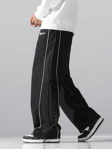 Herren Buchstaben-Muster Kordelzug Taille lockere lässige lange Hose, geeignet für Straße, Alltag, Outdoor, Laufen, Fitness, Freizeitsport - Schwarz - Übersicht 4