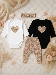 Sempre Bebê Baby Girl Clothes Set Kit, Female Bodysuit, Long Sleeve, Blogger Pants, Outfit, Leopard Heart Set - Black - View 1