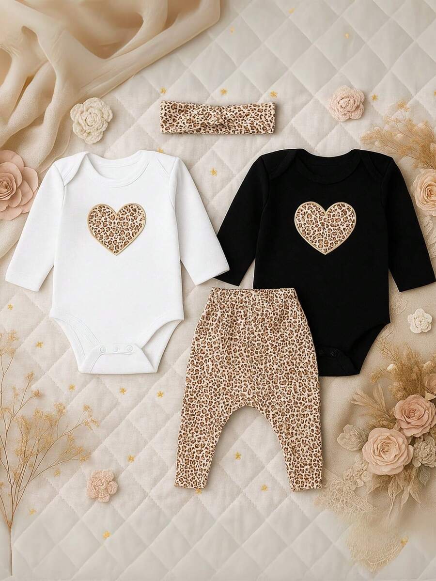 Sempre Bebê Baby Girl Clothes Set Kit, Female Bodysuit, Long Sleeve, Blogger Pants, Outfit, Leopard Heart Set - Black - View 1