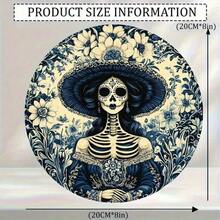 La Catrina 2D Flat Round Aluminum Wall Art - Elegant Dress Floral Skeleton, Day Of The Dead Theme, Home Office Decor - 彩色 - 查看 4