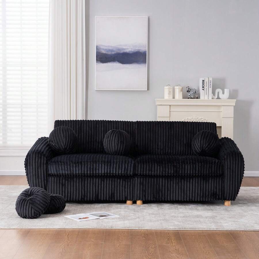 Modern Sofa For Living Room, 84" Corduroy Sofa Couch, Sectional Love Seat Couch, Upholstered Sofa For Apatment Bedroom Home Office - 黑色 - 查看 1