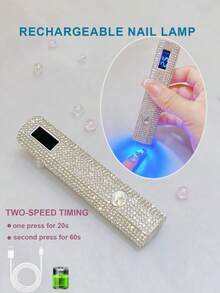 Rechargeable Nail Lamp, Embedded With Sparkling Rhinestones, Portable Handheld UV-LED Light, With Display Screen, 20s And 60s Timer, Suitable For Nail Salon And Home Use. - White Diamond - View 1