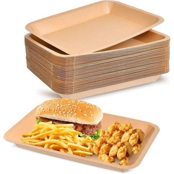 20pcs Paper Plates, Rectangular Trays, Kraft Paper, Suitable For BBQ, Fried Chicken & Fries, Fit For Birthday, Wedding, Christmas, New Year, Holiday Parties, Bridal Shower Decorations