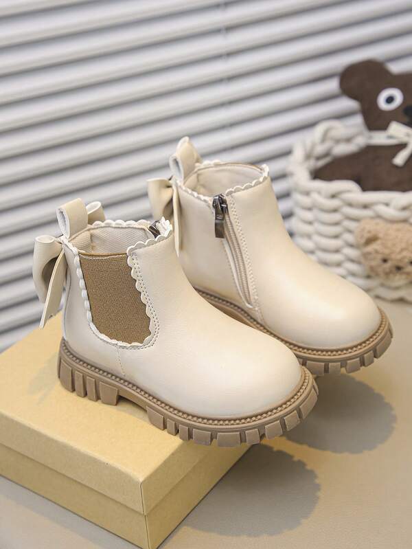 1 Pair Children's Fashion New Style Girls' Boots, PU Material, Side Zipper, Elastic Ankle, Handmade Flower & Bow Decor, Non-Slip Soft Durable Sole, Chelsea Style, Suitable For School, Outdoor, Home, Spring, Summer, Autumn Wear
