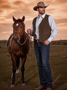 Retro Men's Western Cowboy Suit Vest Slim Fit V Neck Suede Leather Dress Vests Vintage Prom Wedding Casual Waistcoat