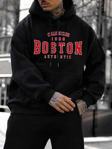 Men's Boston Letter Print Casual Hoodie Sweatshirt, Back To School, Autumn/Winter, Long Sleeve Top - Black - View 4