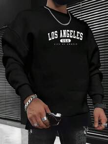 Men Letter Graphic Sweatshirt Going Out Crew Neck Letter Los Angeles Long Sleeve Casual Sweatshirt, Friends, Husband, Boyfriend Gifts, Los Angeles Hoodie, Men Sweatshirt, Men Pullover Hoodie - 黑色 - 查看 1