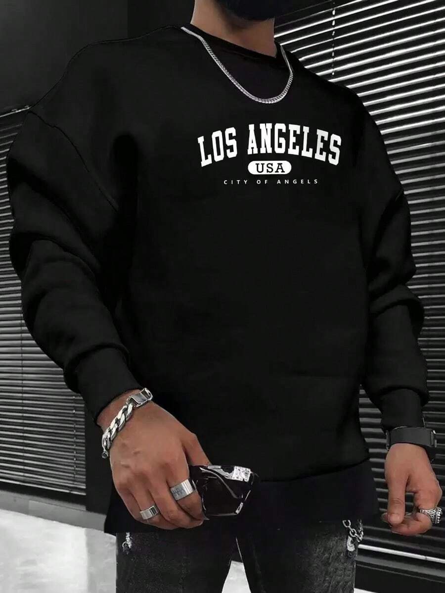 Men Letter Graphic Sweatshirt Going Out Crew Neck Letter Los Angeles Long Sleeve Casual Sweatshirt, Friends, Husband, Boyfriend Gifts, Los Angeles Hoodie, Men Sweatshirt, Men Pullover Hoodie - 黑色 - 查看 1