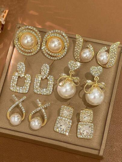 topshiny 6pcs Luxury Elegant Diamond & Pearl Decorated French Earring Set, Suitable For Daily And Holiday Wear (B, D Are Pearl Styles, More Sparkling)