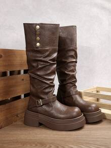 Fashion Reversible Thick Sole Tall Boots For Women, Autumn/Winter New Chunky Heel Over-The-Knee Riding Boots - Brown - View 2