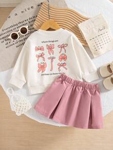 秋冬女宝宝可爱美式学院风休闲粉色蝴蝶印花上衣和粉色百褶裙套装 - 粉色 - 查看 2