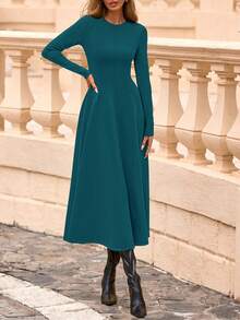Cocktail Dresses For Women  Elegant Classy Fall Long Sleeve Midi Swing A Line Flowy Modest Party Dress - màu lục lam đậm - Xem 4