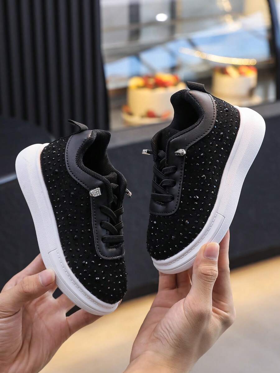 1 Pair Kids Autumn New Fashion Casual Slip-On Rhinestone Decorated Non-Slip Children Skate Shoes, Suitable For Small/Medium/Large Kids - Black - View 1