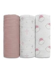 GLLQUEN BABY 3条装有机棉纱布襁褓毯，男女通用，新生儿包巾，大号40 x 38英寸，柔软透气，适合男宝宝和女宝宝 - sun&cloud - 查看 3