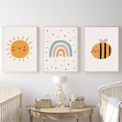 1 件，帆布墙画，育儿室装饰，欢乐儿童房装饰，春季主题，波西米亚婴儿房艺术，太阳、彩虹和蜜蜂，时尚育儿室装饰，温馨装饰，幼儿园墙画