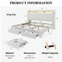 SHA CERLIN Full/Queen/King Size Platform Bed Frame With Vertical Channel Tufted Wingback Headboard, 2 Storage Drawers, 2-Tier Shelves With LED Lights, Charging Station, Noise Free, No Box Spring Needed, White - Xem 11