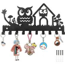 1pc Owl Pattern Metal Wall Mounted Key Holder Rack With 7 Hooks, For Hanging Keys, Towels, Umbrellas, Decor Organizer For Hats, Bags, Scarves, Vintage Home Wall Decoration, Rustic Aesthetic Room Decor, Bedroom Living Room Kitchen Entryway Accessory, Modern Minimalist Interior Design Hanger, Space Saving Storage Solution, Charming Bird Themed Functional Organizer - Black - View 6