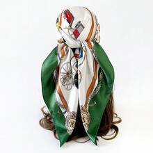90Cm * 90cm Silk Scarf Headscarf, Classic Carriage Printed Silk Scarf, Printed Square Scarf, Silk Scarf, Smooth Fabric, Headscarf, Binding Bag, Decorative Silk Scarf And Scarf For Daily Use - D9169-綠色 - 查看 2