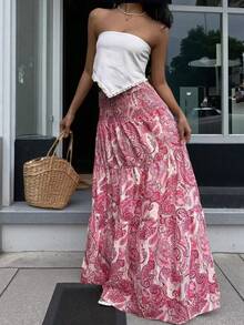 Women's Summer Bohemian Bubble Sleeve Cashew Flower Print Design, High Waist, Ruffle Details, Suitable For Young Girls' Music Festivals, Beach Vacations And Casual Daily Wear