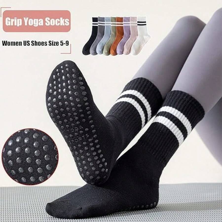 8 pares de Calcetines largos de yoga con agarre para mujer, calcetines de yoga antideslizantes, calcetines de pilates para mujer para Deportes de Interior, Pilates, Yoga, Ballet - 1 - Ver 1