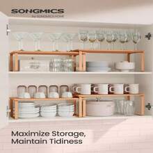 SONGMICS Cabinet Organizer Shelf, Set Of 2 Kitchen Counter Shelves, Kitchen Storage, Spice Rack, Stackable, Expandable, Metal And Engineered Wood, Apricot UKCS200Y01
