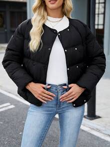 Women's Winter Solid Color Double-Breasted Jacket, Fashionable Short Quilted Coat, Winter Casual Round Neck Overcoat, With Pockets, Winter Clothing