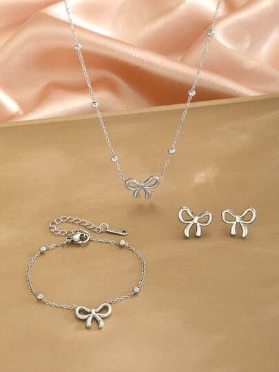3pcs Set Elegant Stainless Steel Butterfly Pendant Necklace, Bracelet And Earrings, Suitable For Girls Daily Wear, Can Be Jewelry Accessories Or Gifts