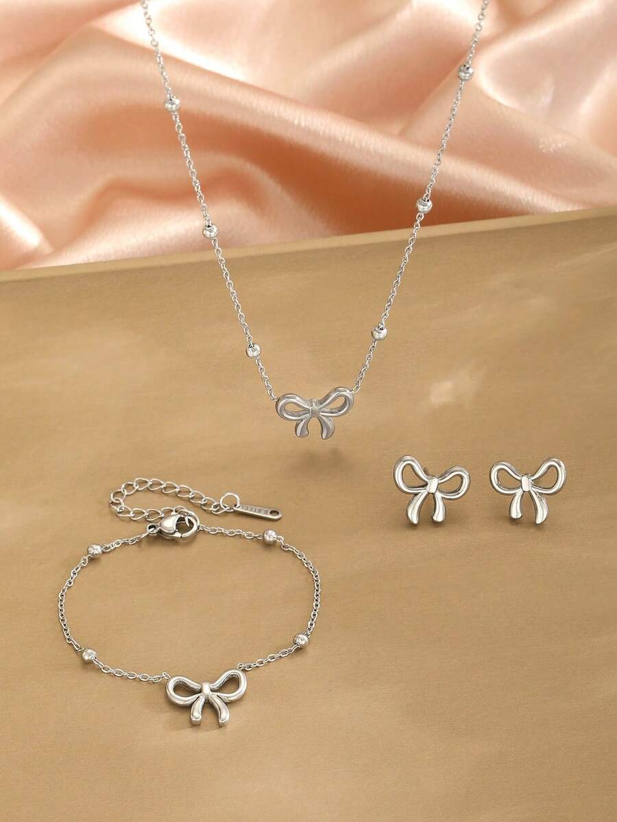 Set de 3 piezas: Collar con colgante de mariposa, pulsera y aretes de acero inoxidable plateado de moda exquisita, adecuado como accesorio de joyería de uso diario para niñas como regalo - Plateado - Ver 1
