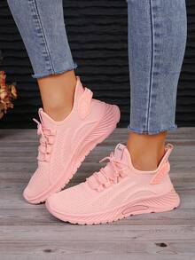 4 Season New Knit Mesh Breathable Lace-Up Casual Sneakers, Comfortable Elastic Soft Sole Outdoor Running Shoes, Walking Shoes, Commuting Shoes, Fitness Shoes - Pink - View 2