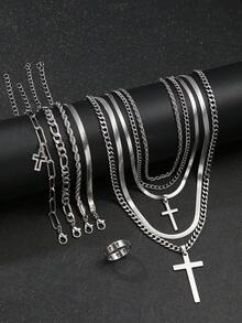 17KM Conjunto de 10 peças de colar, pulseira e anel minimalistas punk hip hop com cruz, unissex, adequado para encontros, férias, uso diário e casamento