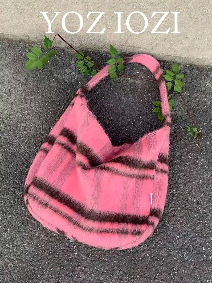 Niche Design Fuzzy Plaid Shoulder Bag, Large Capacity Fashion Canvas Autumn/Winter Tote Bag For Women, Commuting & Daily Use - Multicolor - View 1