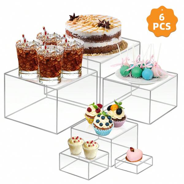Superlele 6 Pcs Clear Acrylic Boxes For Display As Buffet Risers And Stands, Food Risers For Party, Table, Stands, For Halloween,Wedding, Including 8", 7", 6", 5", 4", 3" (Small, 6Pcs, Clear)