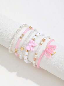 6pcs/Set Fashionable Heart & Bow Beaded Bracelet Set Women,Pearl Bow Set Women's Bracelet Sweet Bohemian Beaded Style - 粉色 - 查看 5