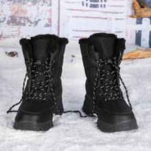 Botas de nieve hasta la pantorrilla para mujer, con forro térmico grueso, antideslizantes, de cordones y puntera redonda, negras, versátiles para el invierno