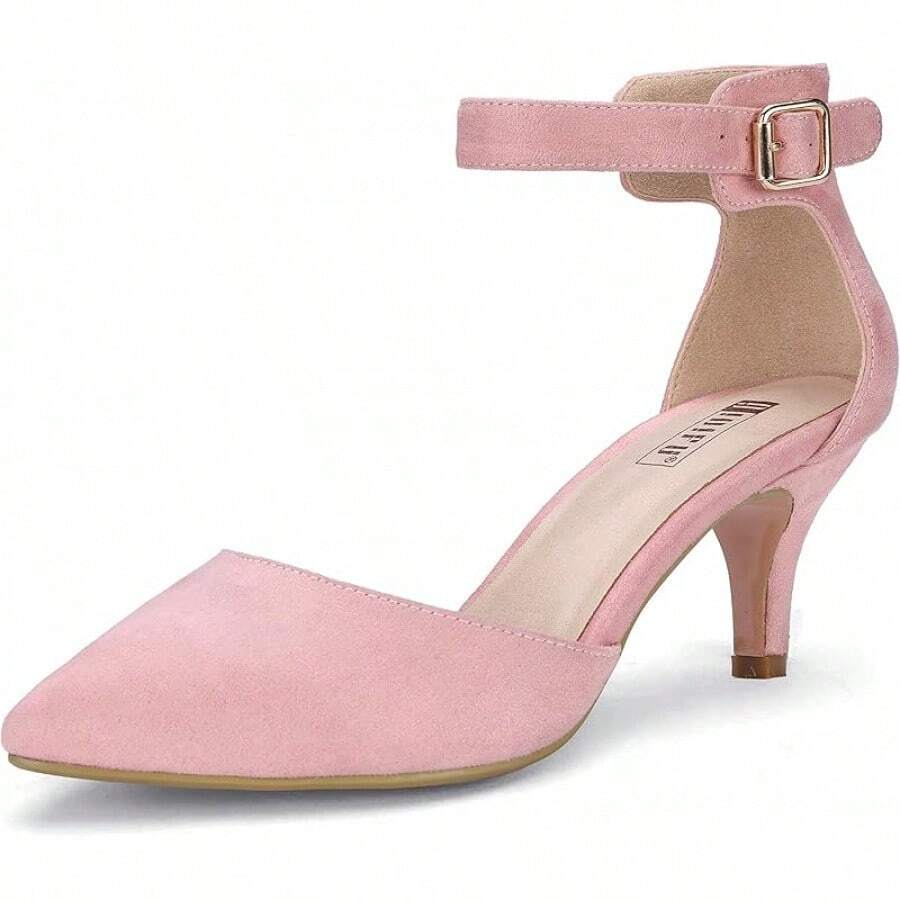 Women's IN3 D'Orsay Pumps Low Kitten Heels For Women Dress Shoes Pointed Closed Toe Wedding Bride Ankle Strap Dressy Silver Black Nude White Gold Heels For Women-2025 - 粉紅色絨面革 - 查看 1