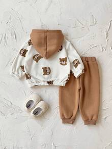 2Pcs/Set Toddler Baby Boy Clothes Bear Print Fleece Long Sleeve Hooded Sweatshirt & Long Pants Thickened Autumn/Winter - Brown - View 3