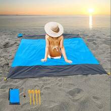 1 Piece Waterproof And Sand-Proof Beach Blanket, Foldable Beach Mat, Picnic Mat With 4 Corner Stakes For Outdoor Camping Travel Vacation Hiking - Blue - View 5
