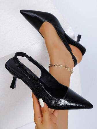 女士尖头优雅黑色包头高跟凉鞋，时尚派对晚装浅口鞋，加大码女士细高跟鞋