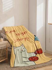 1 pieza Manta de franela con patrón de gato de dibujos animados y café, decoración del hogar, picnic, viaje, manta suave, regalo acogedor para familia, amigos, usted mismo, uso diario/festivo/conmemorativo, para todas las estaciones