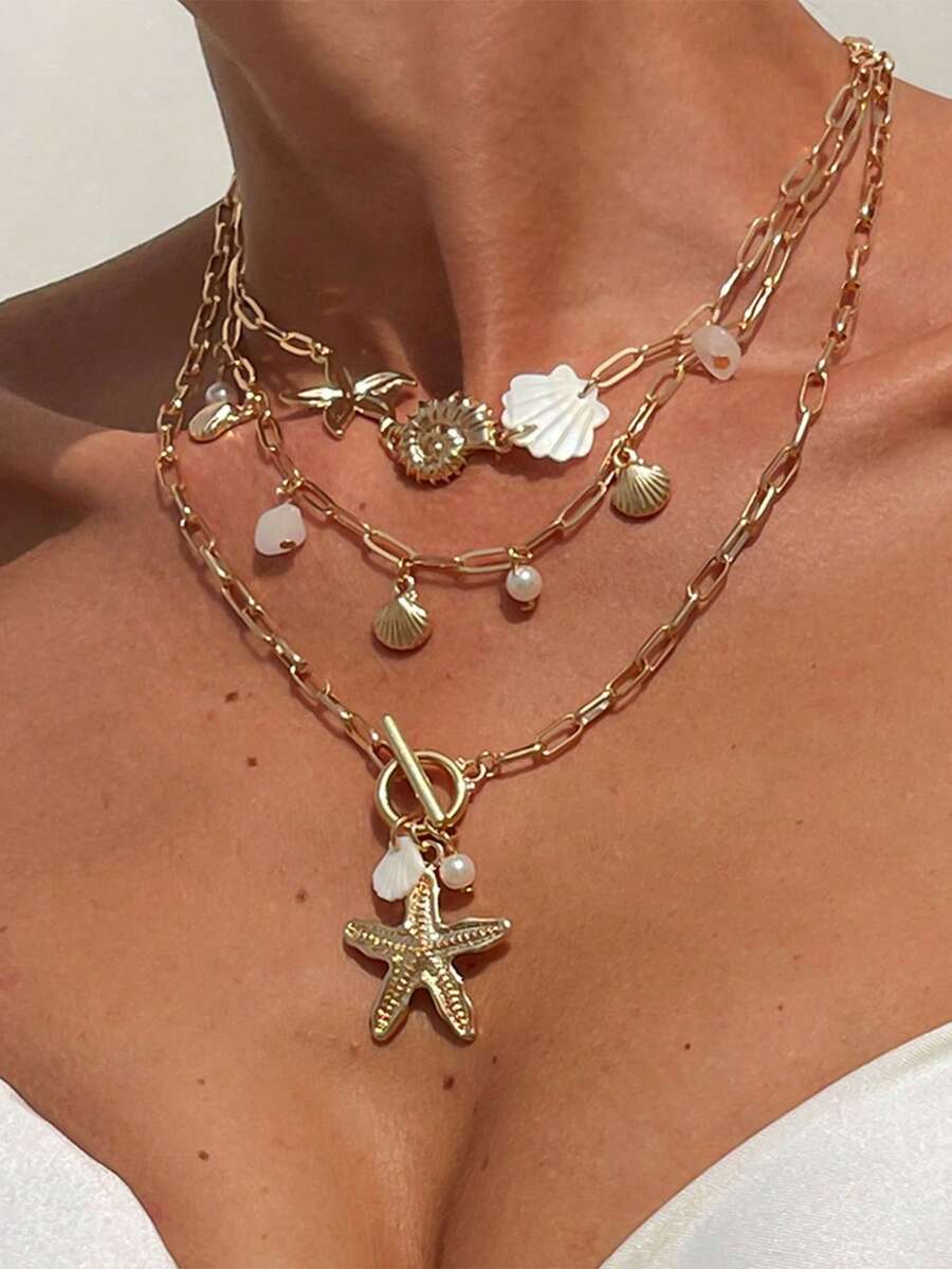 Set de 3 collares de mujer con elementos marinos de moda al estilo Ins, que incluye concha, estrella de mar y caracol, con cadena versátil de perlas y cuentas, un gran regalo